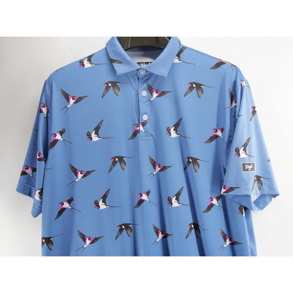 Waggle Men's XL Blue Bird Print Golf Polo Shirt Short Sleeve Performance - Picture 2 of 8